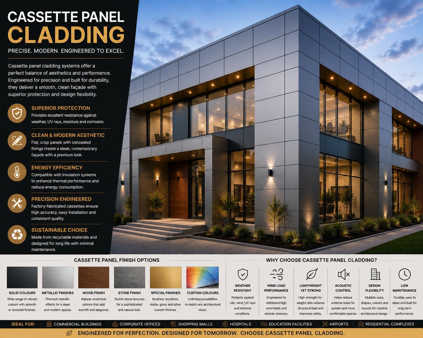 Cassette panel cladding on a commercial building