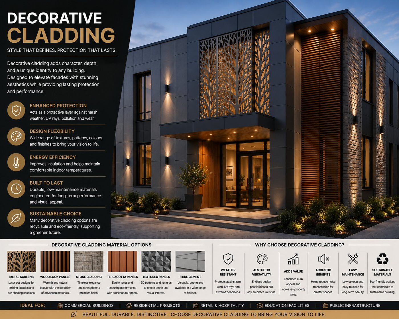 Decorative laser-cut metal screen cladding feature