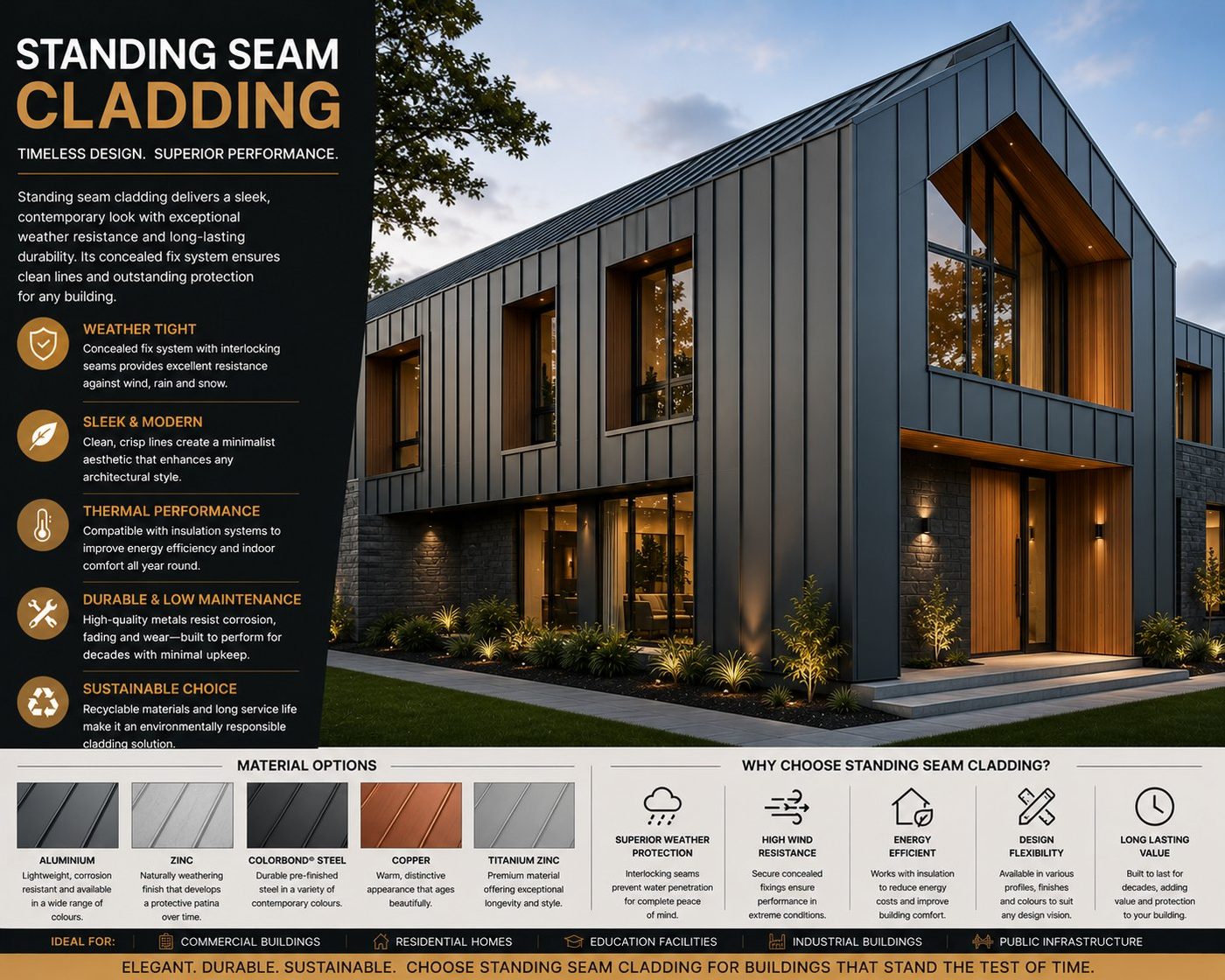 Standing seam metal cladding on a modern home