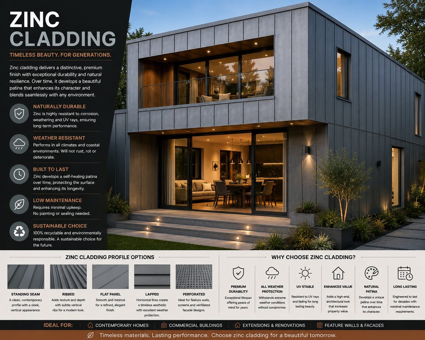 Standing-seam zinc cladding on a modern facade